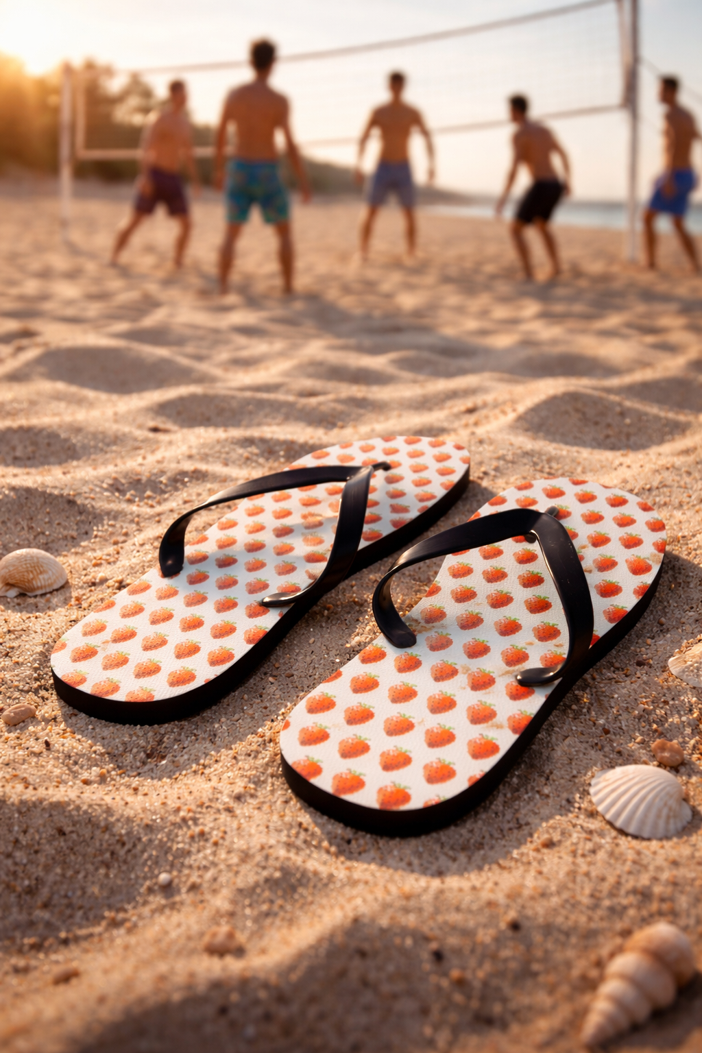 8-bit strawberry flip flops on sandy beach showing pixel fruit pattern summer footwear