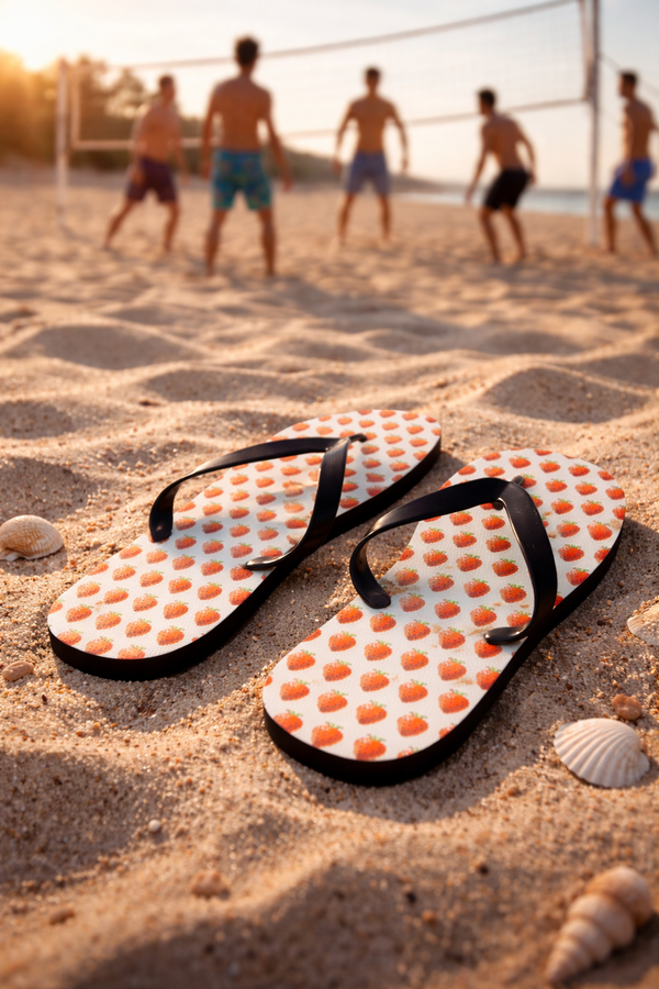 8-bit strawberry flip flops on sandy beach showing pixel fruit pattern summer footwear
