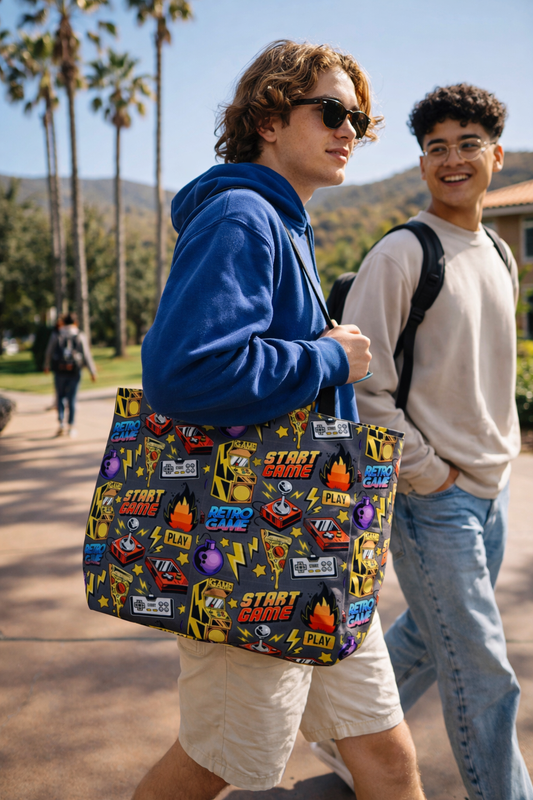 Gen Z friends walking outdoors carrying retro video game print Gamer Weekender Tote Bag