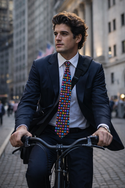 Arcade Ghost Necktie worn by a man riding a bicycle in a city street