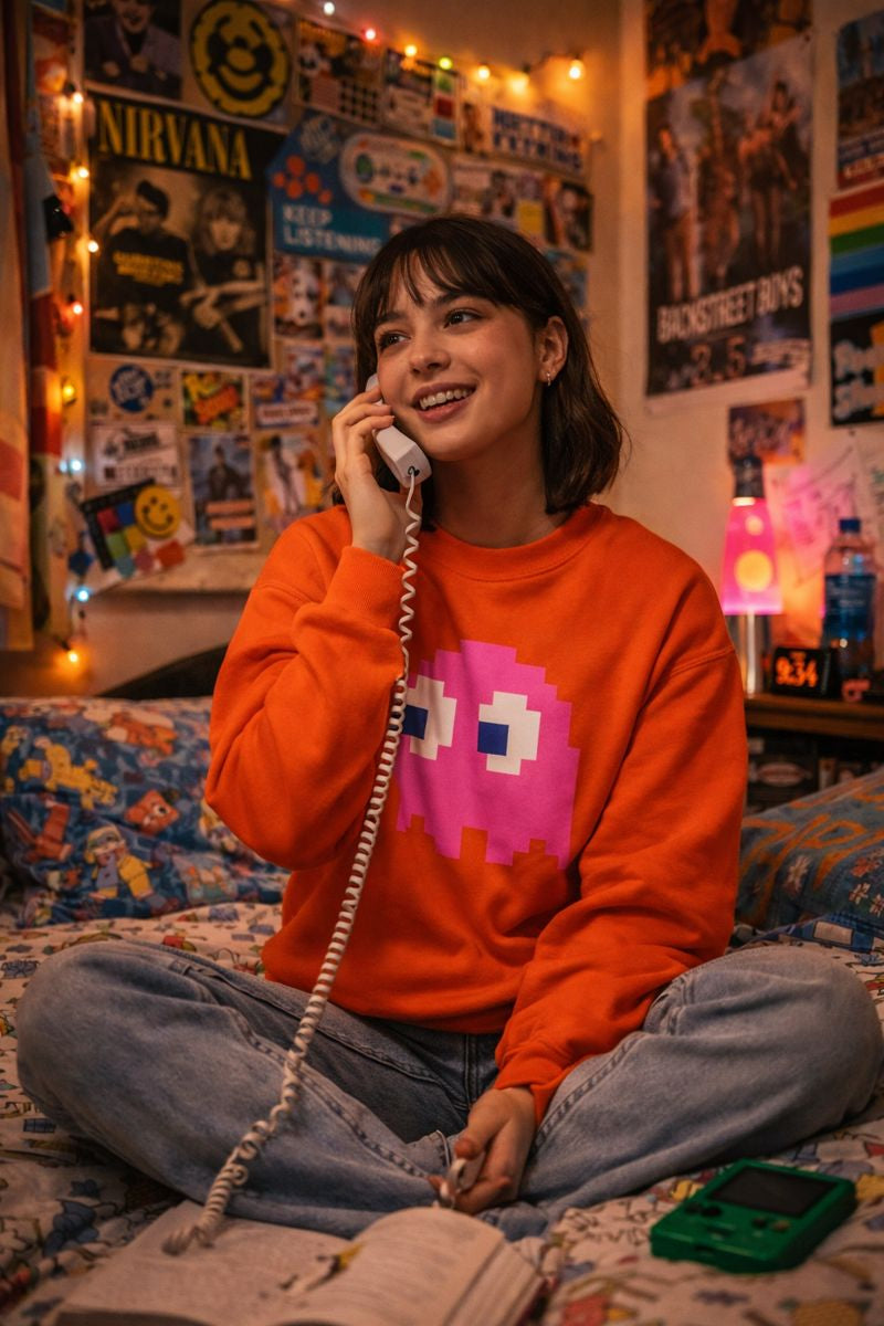 Young woman sitting on a bed in a room with posters and string lights, talking on a landline phone.