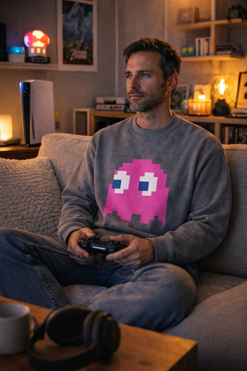 Man sitting on a couch wearing a sweater with a pixelated ghost design, holding a gaming controller in a cozy living room.