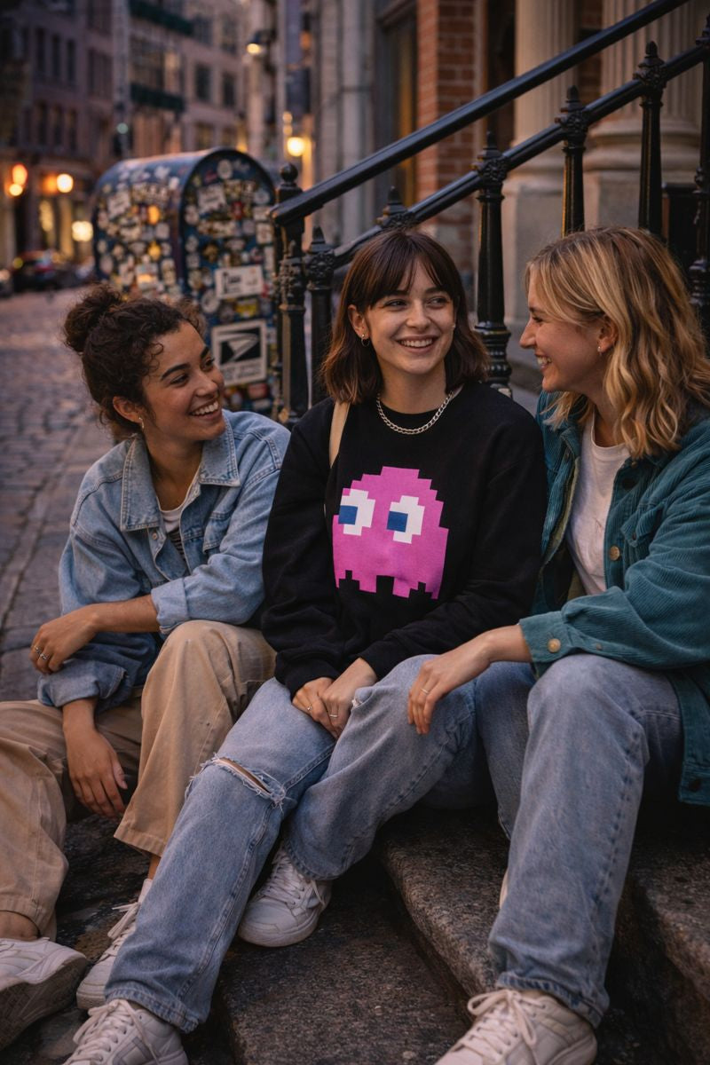 Three friends sitting on a street corner, smiling and enjoying each other's company.