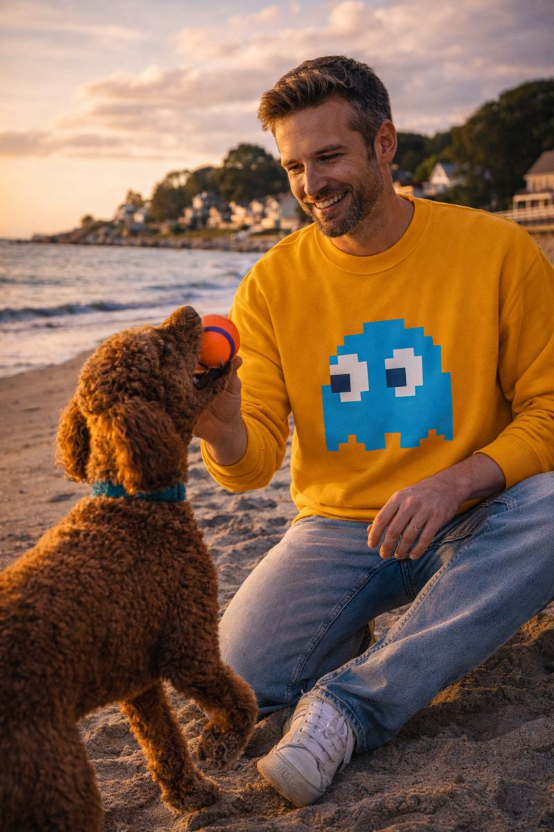 Yellow retro ghost pixel sweatshirt front view