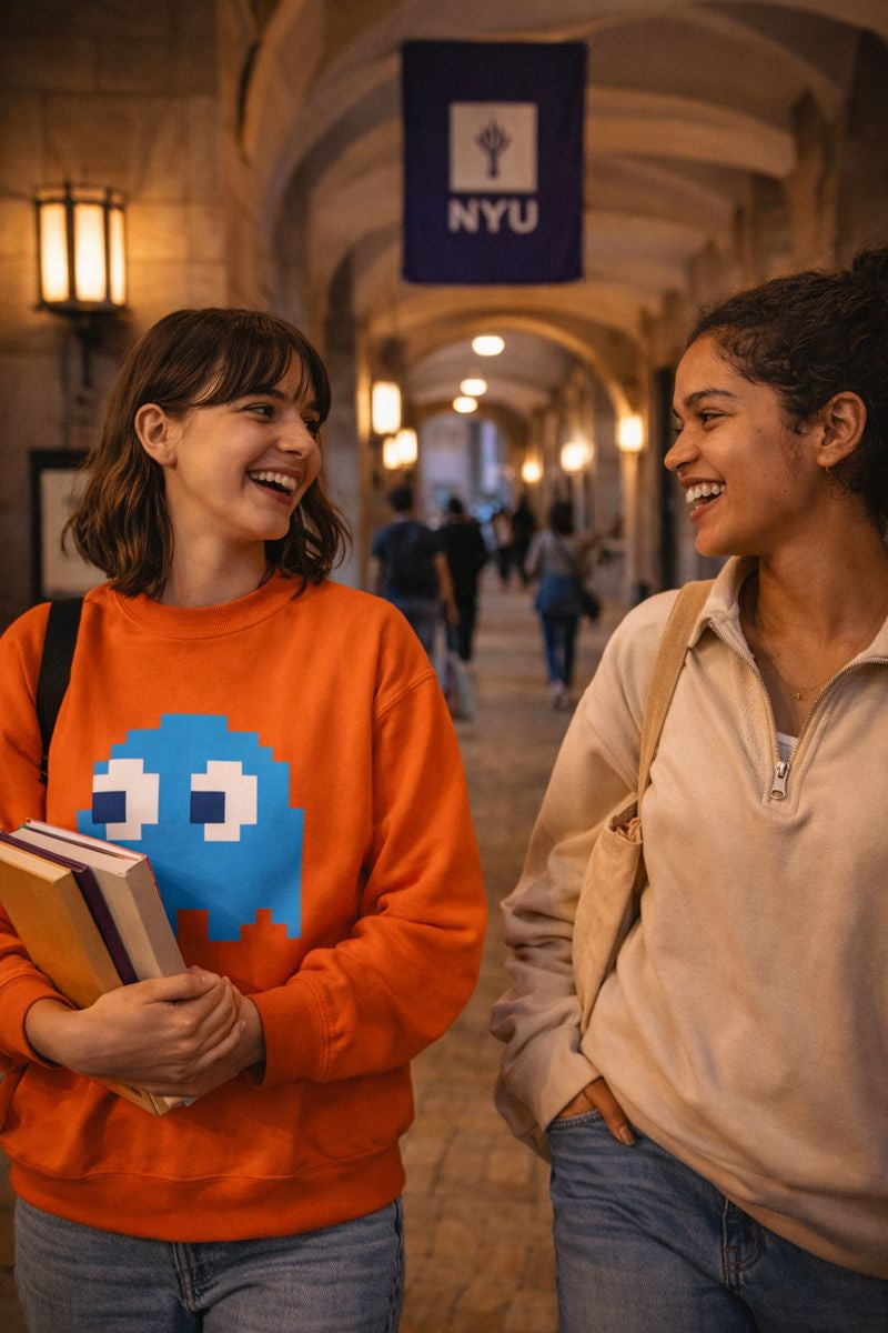 Couple wearing retro ghost sweatshirts in city street