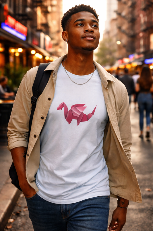 Man wearing a white t-shirt with a pink dragon design on a city street.