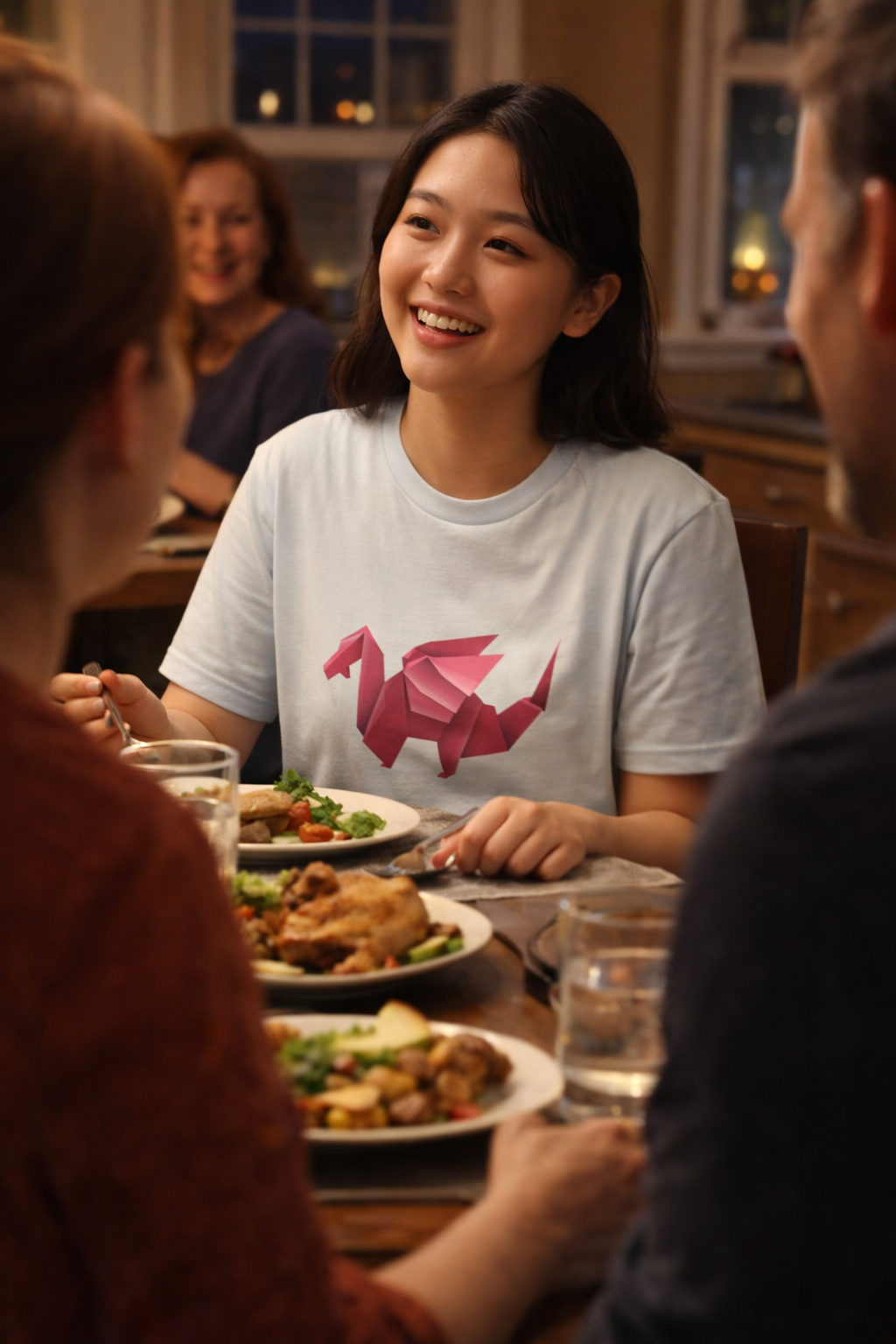Young woman smiling at a dinner table with friends, wearing a white t-shirt with a pink dragon design.