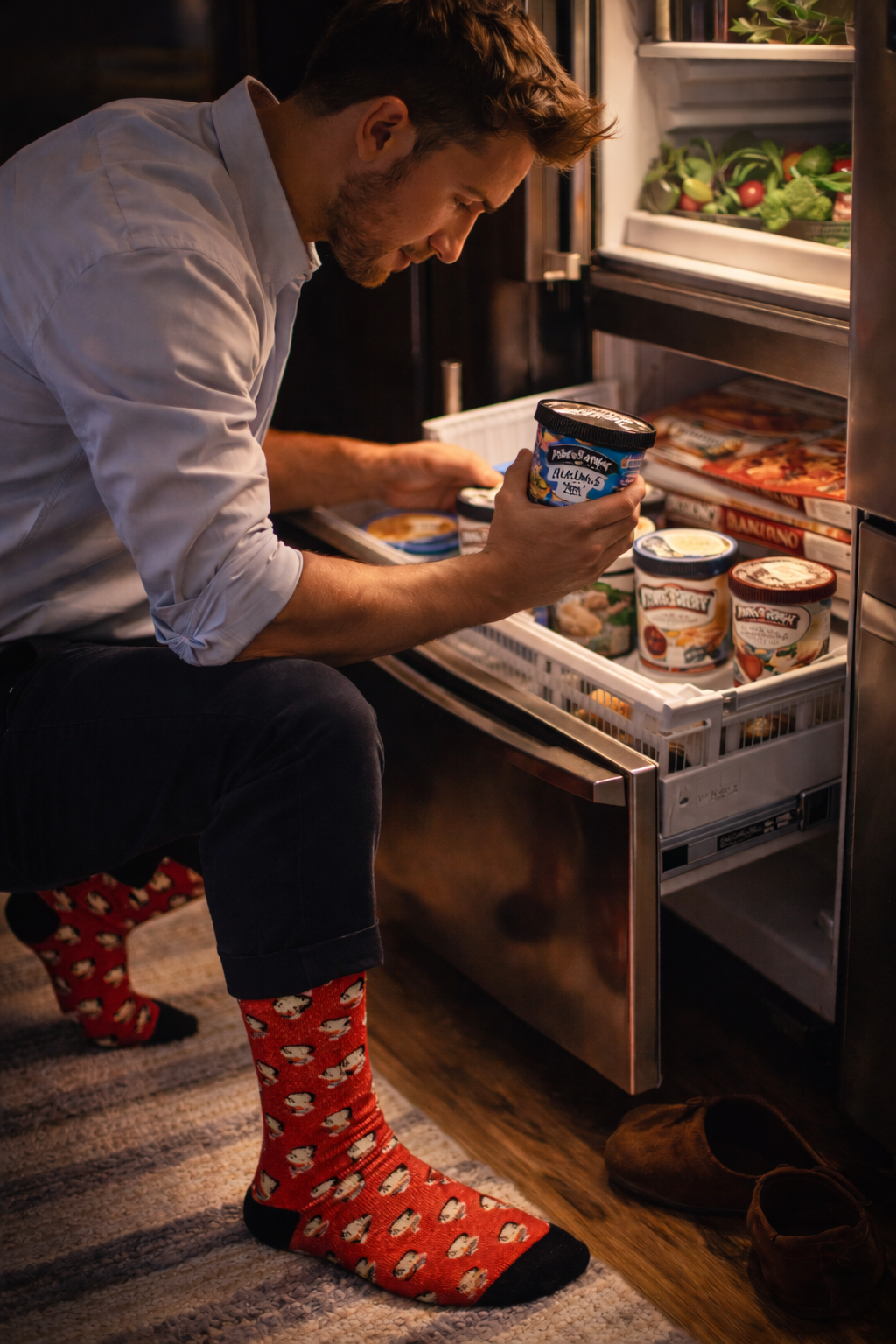 Man wearing red Betty Boop socks while grabbing ice cream from a freezer in a cozy kitchen scene