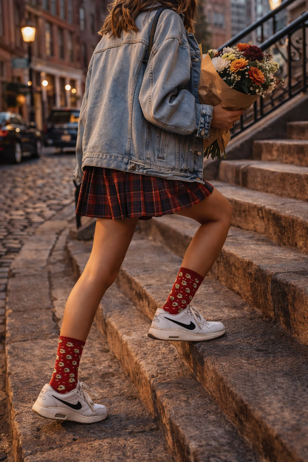 Gen Z woman climbing stone stairs in Tribeca wearing red Betty Boop crew socks with sneakers and casual outfit