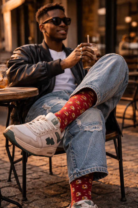 Millennial man sitting at an outdoor café wearing red Betty Boop pattern crew socks with white sneakers and ripped jeans