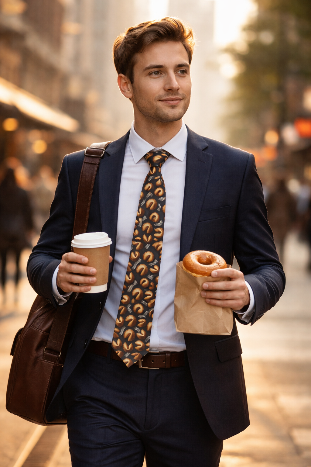 Young professional wearing the Fortune Cookie necktie with a navy suit while holding coffee and a donut on a city street.