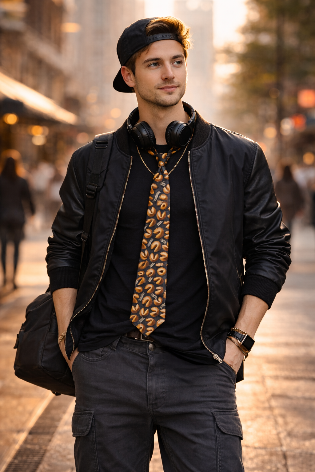 Gen Z man wearing a black bomber jacket and Fortune Cookie necktie while walking through a city street in warm evening light.