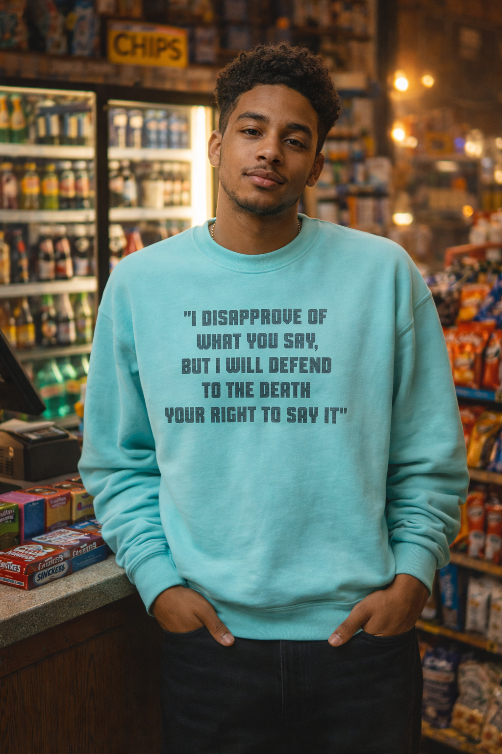 Gen Z man wearing a turquoise Freedom of Speech sweatshirt inside a bodega.