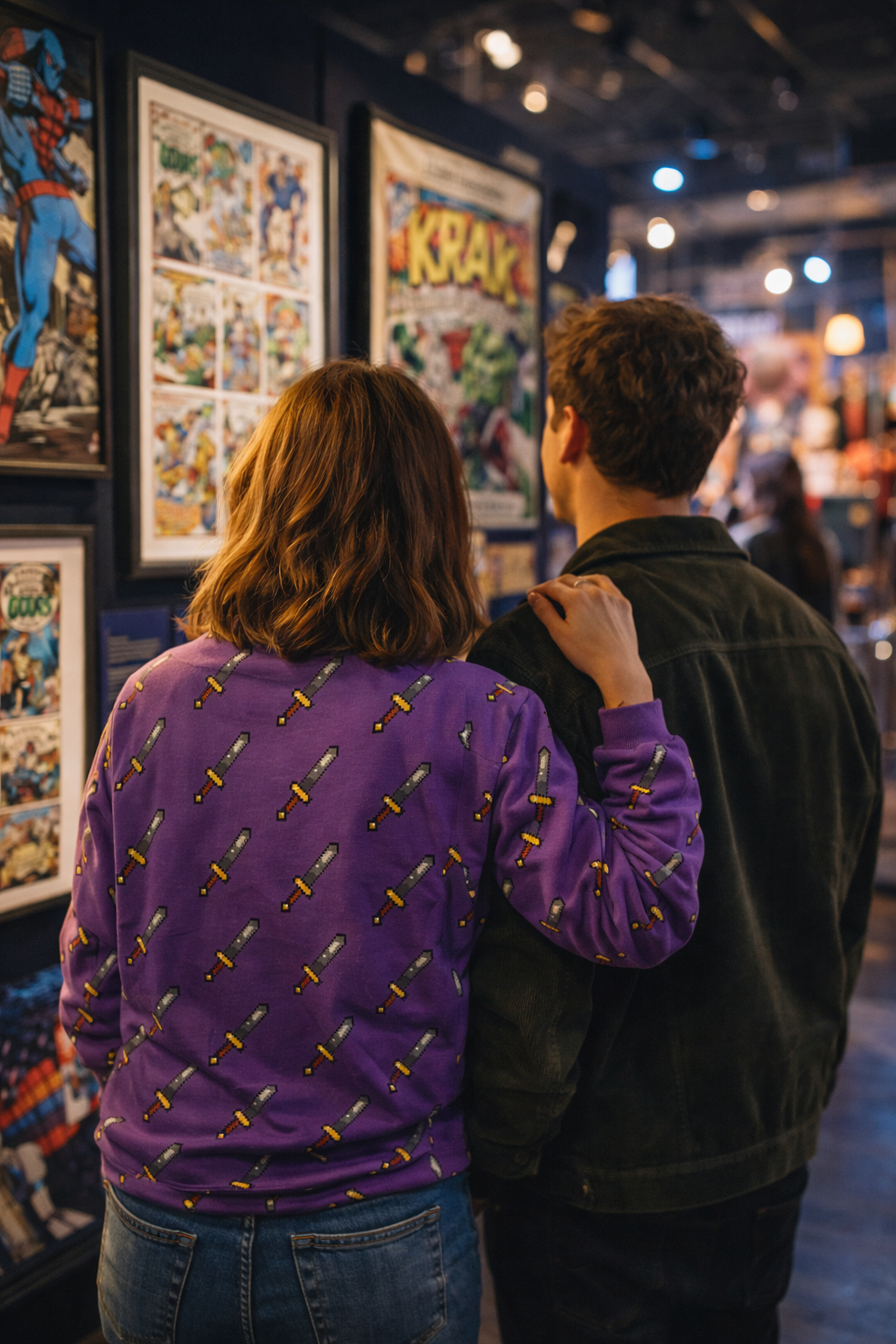 Woman wearing a purple 8-bit sword sweatshirt at an art gallery, retro gaming streetwear style