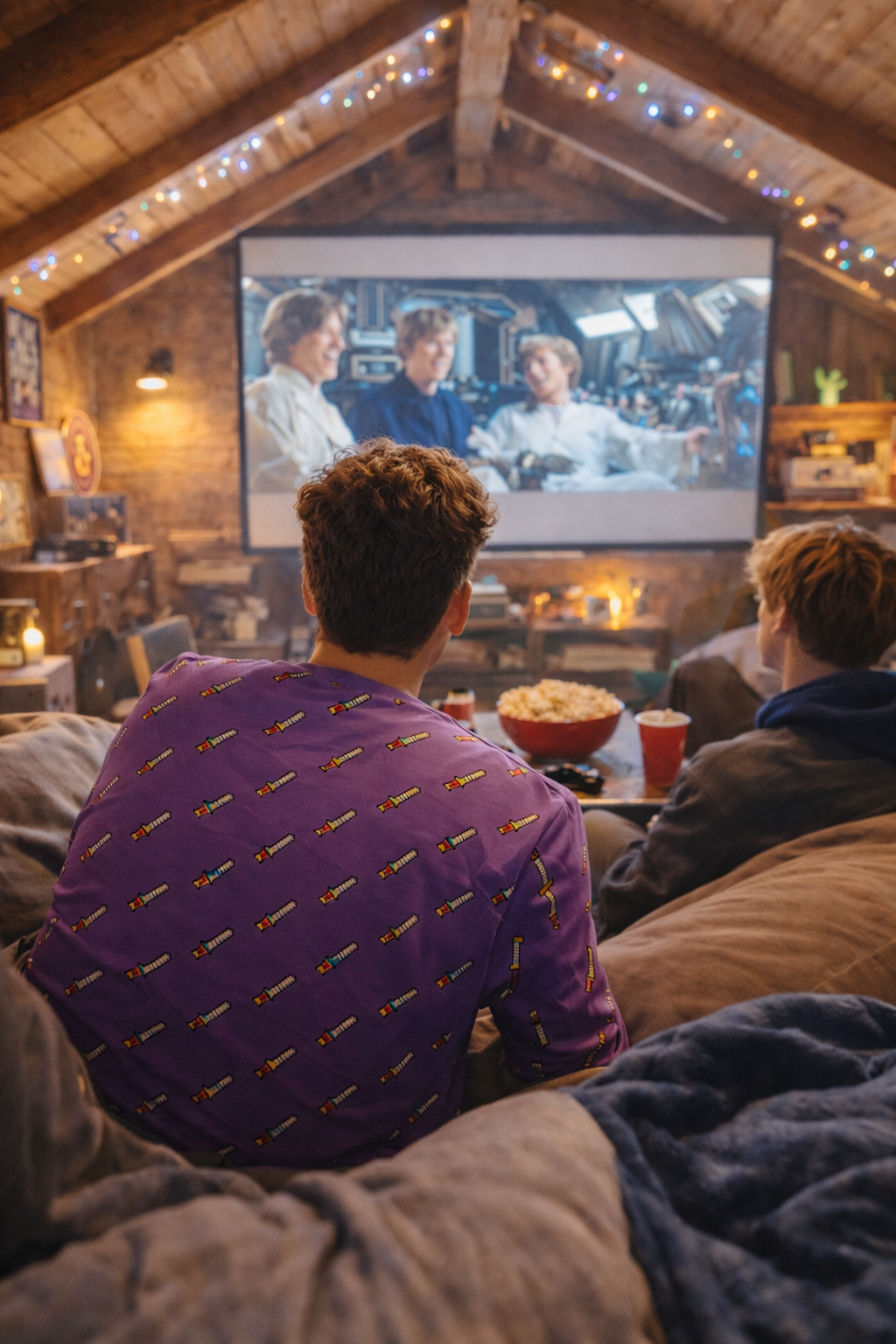 Person wearing purple 8-bit sword sweatshirt watching video games