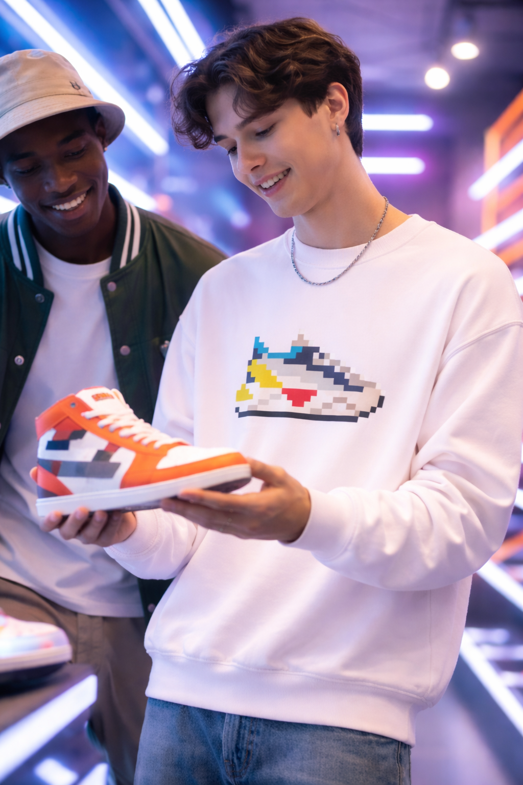 Young man wearing 8-bit sneaker sweatshirt in neon arcade-style sneaker shop