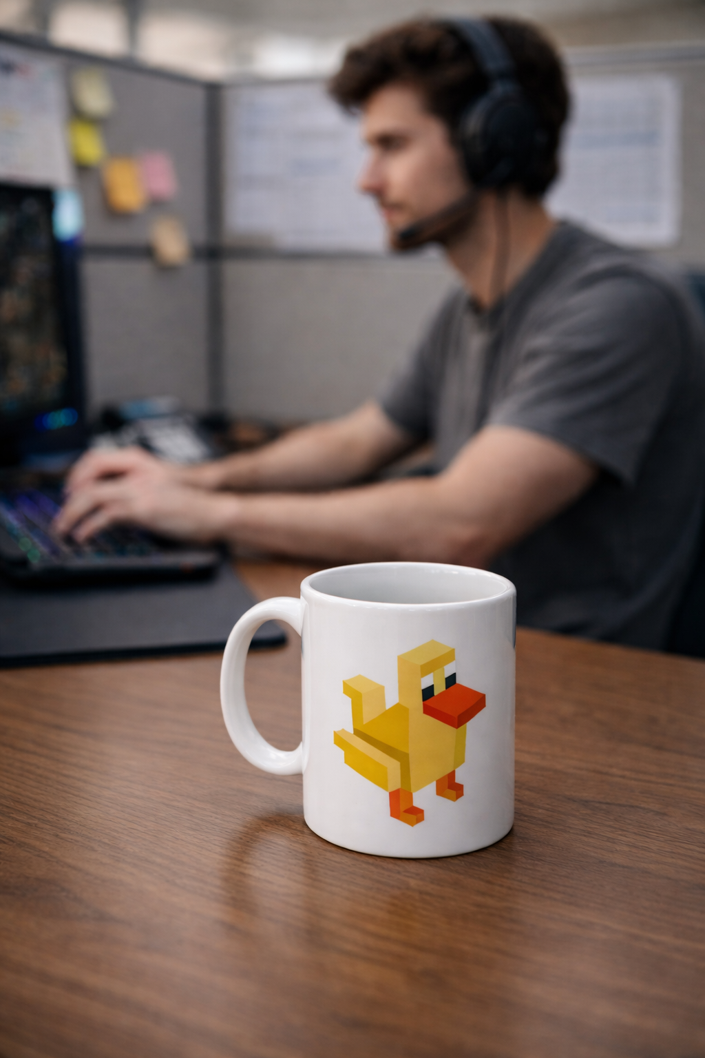Gamer drinking from arcade duck pixel art coffee mug at desk