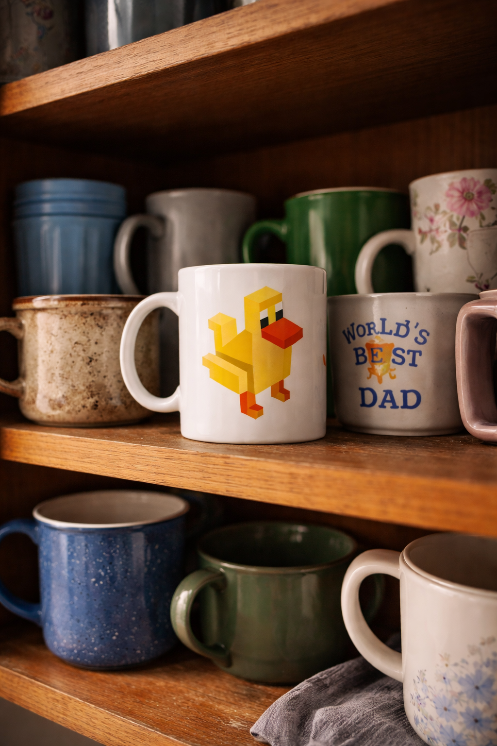 Pixel arcade duck coffee mugs on wooden shelf in cozy kitchen
