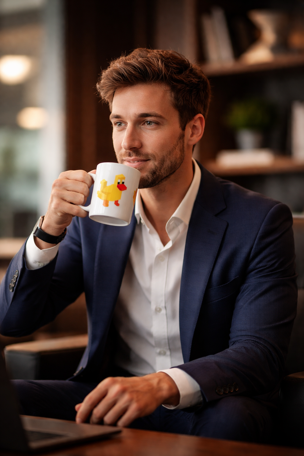 Man in a suit drinking from a mug with a cartoon character in a café.