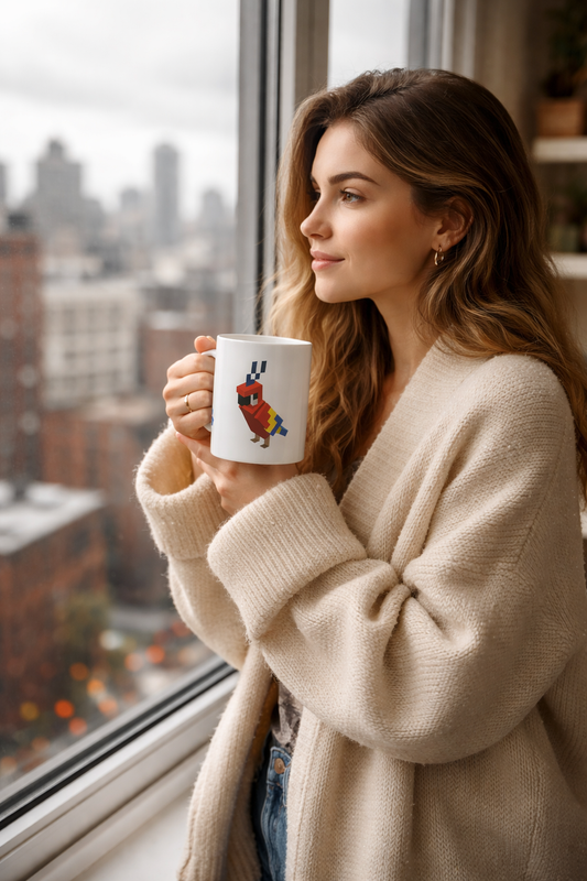 Woman holding an Arcade Parrot Coffee mug with a cityscape in the background