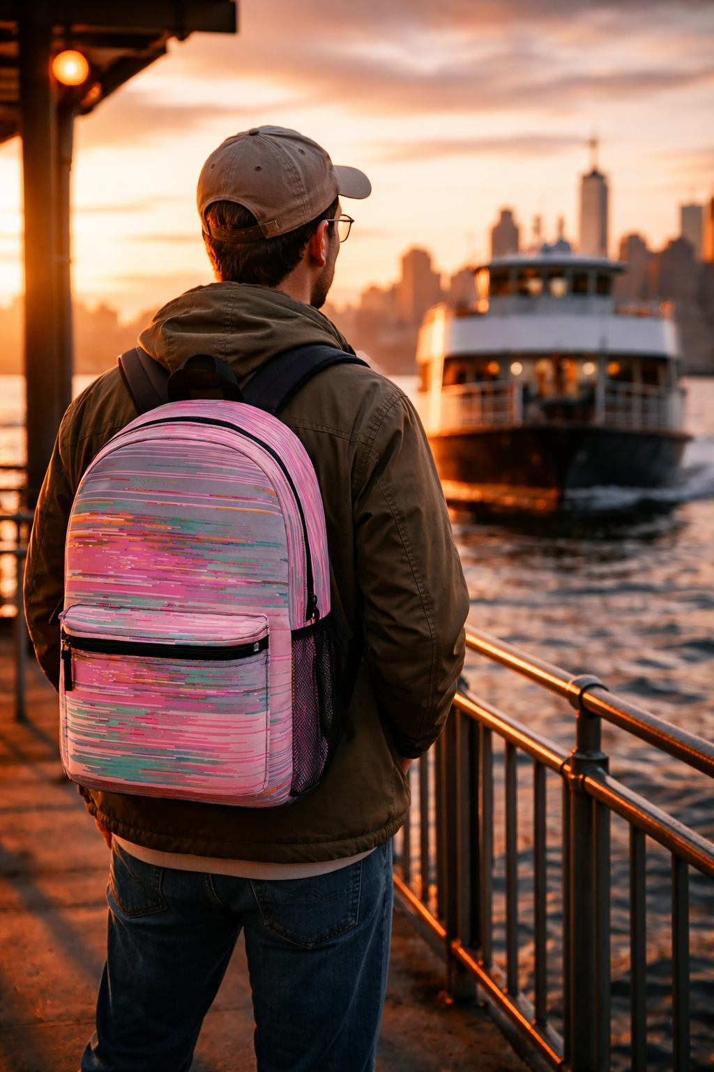 Man wearing PixelPop Backpack at sunset on city waterfront
