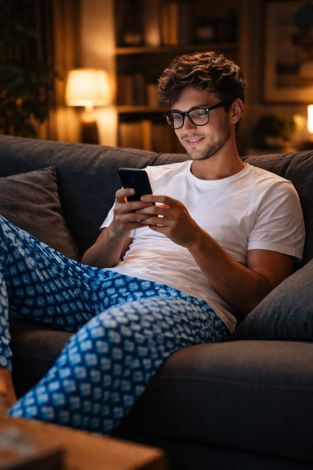 Inky Ghost Men’s Pajama Pants worn by a man relaxing on a couch at home