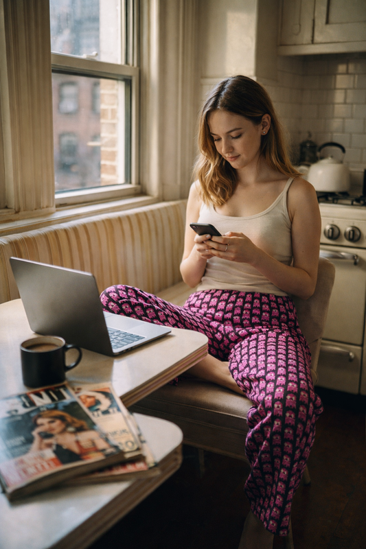 Inky Ghost Women’s Pajama Pants worn by a woman sitting with a laptop in a kitchen