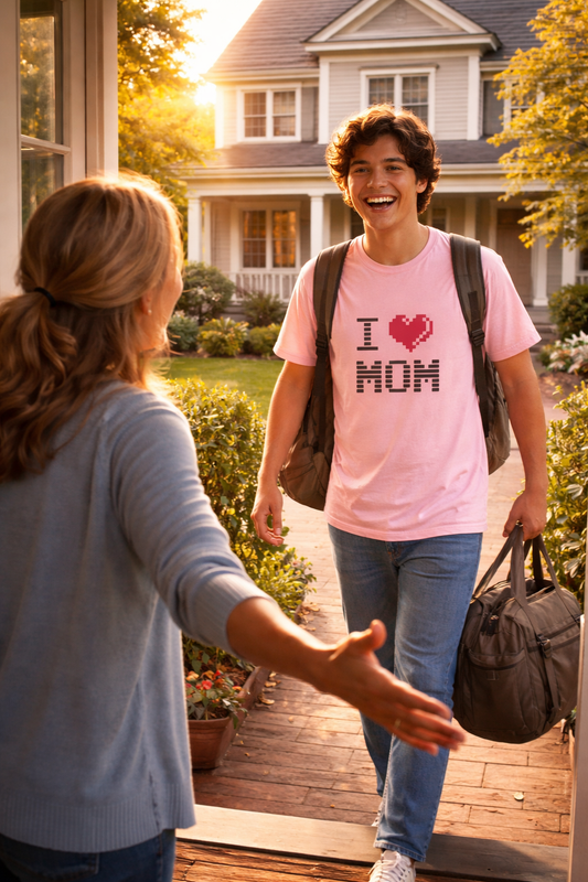 I ❤️ MOM Pixel Tee lifestyle scene at front door reunion