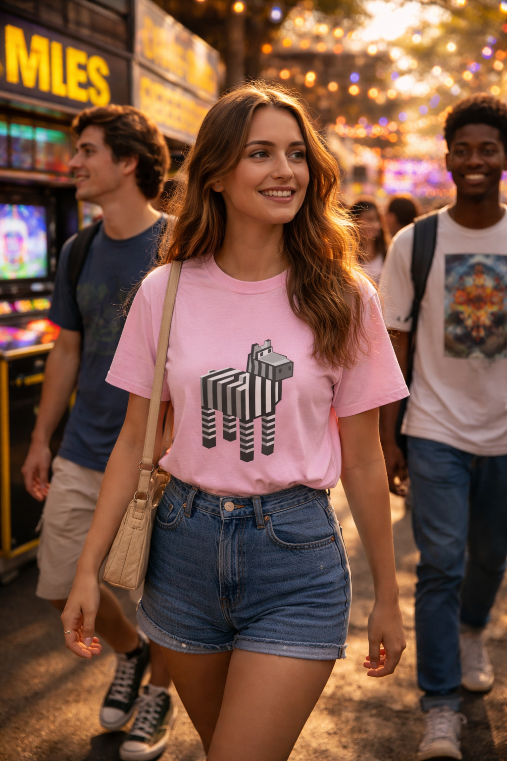 Woman wearing a pink Pixel Zebra T-Shirt with retro pixel zebra graphic, walking through a lit arcade street with friends.