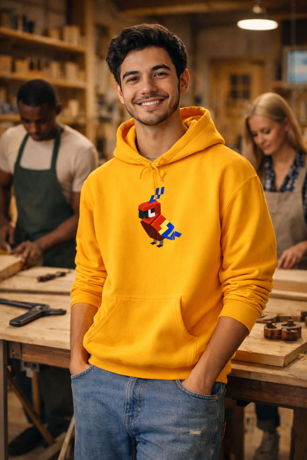 Arcade Parrot Hooded Sweatshirt – Retro Gaming Hoodie worn by model in yellow