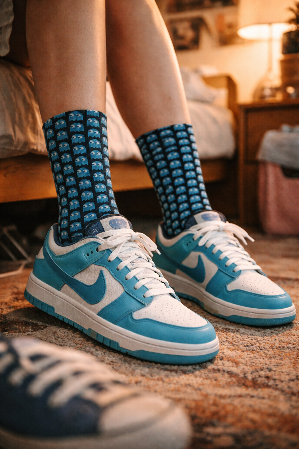 Inky Ghost Crew Socks – Retro Arcade Gamer Socks worn with blue sneakers standing on a wooden floor indoors