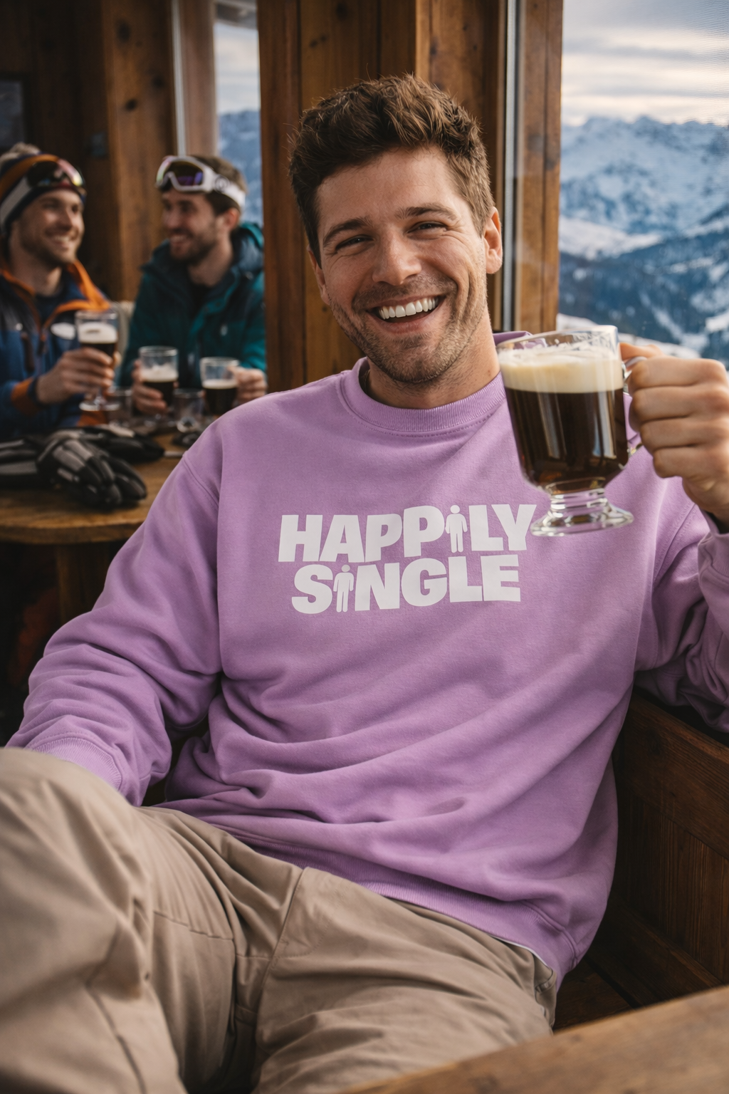 Man wearing a lavender 'Happily Single' sweatshirt at a mountain lodge with others in the background.
