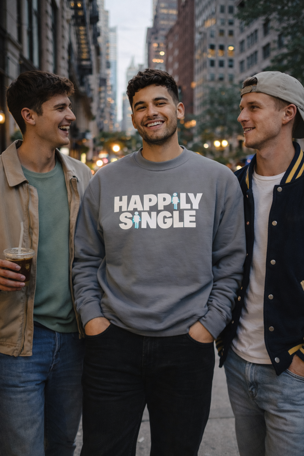 Three friends standing together in an urban setting, with one wearing a grey 'Happily Single' shirt.