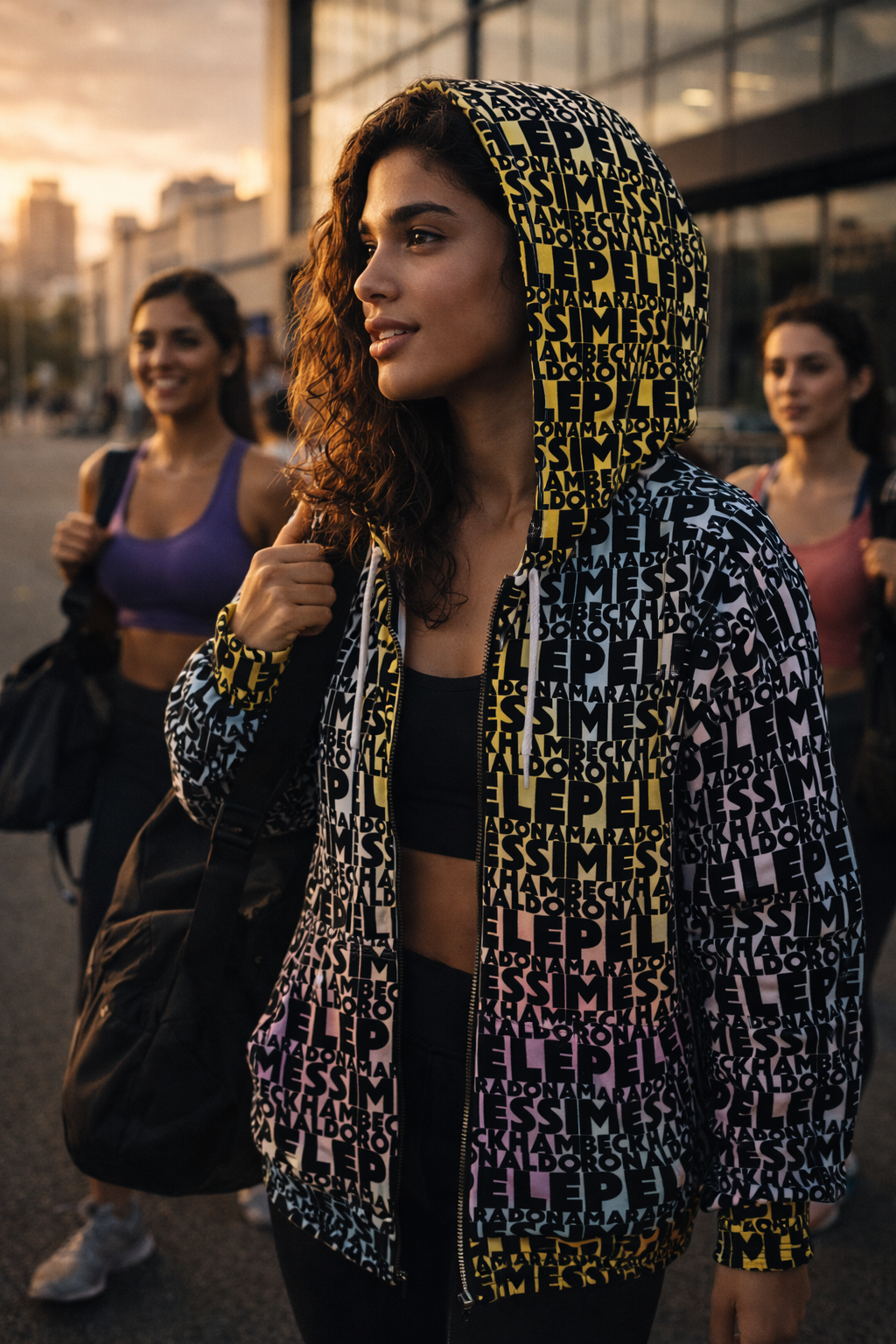 Female wearing soccer legends zip hoodie with Messi Ronaldo Maradona Beckham Pele graphic design walking to gym with friends