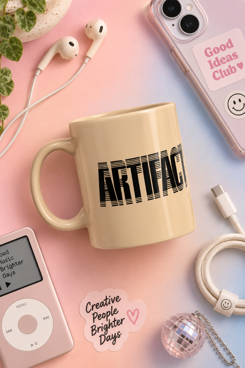 Beige Artifact Tech Mug flat lay with modern creative and tech accessories