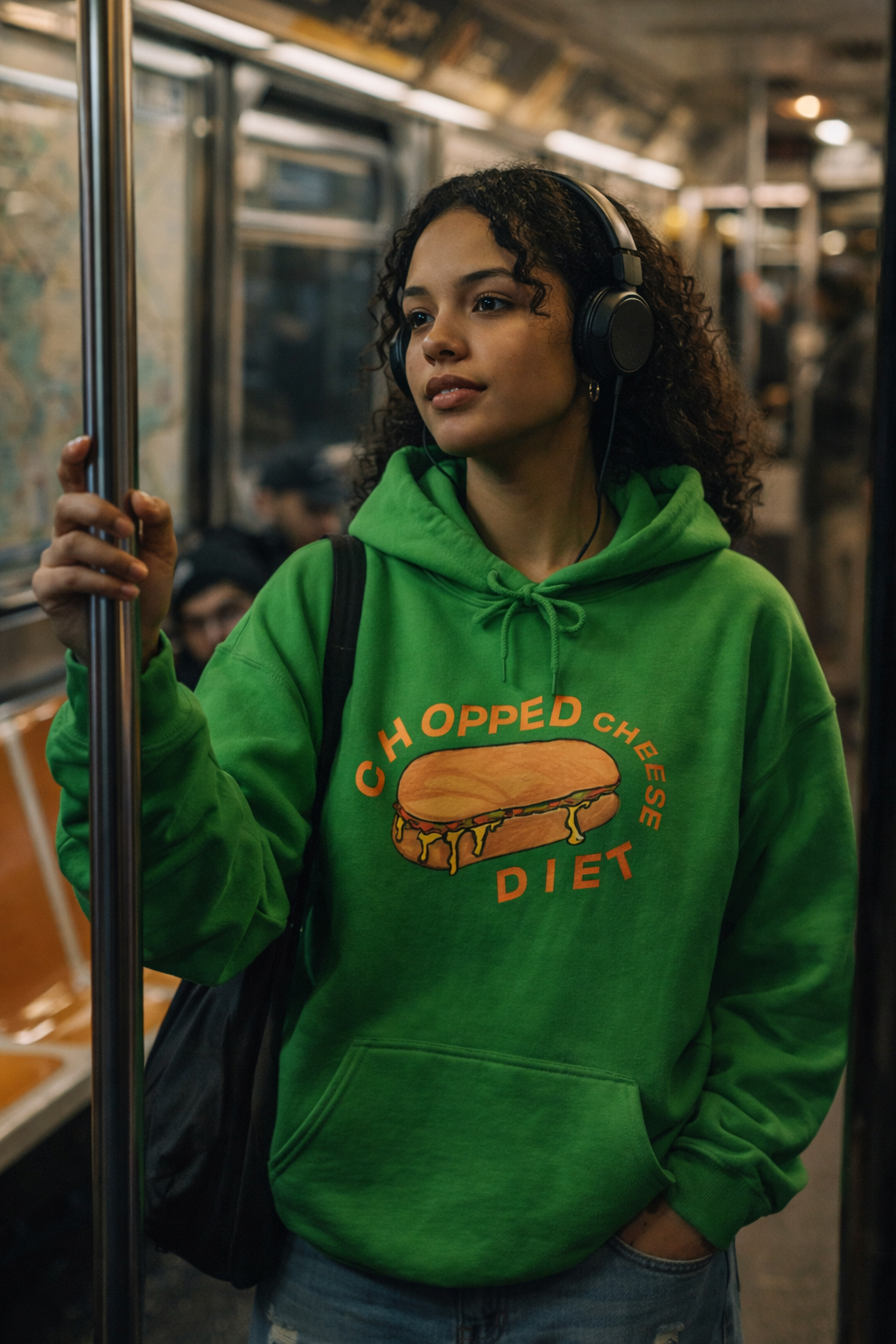 Young woman in NYC MTA Subway wearing a green Chopped Cheese hoodie