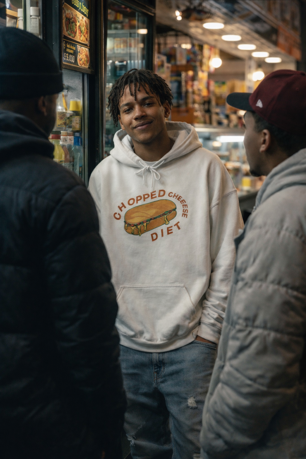 Young man wearing a chopped cheese hoodie standing between two friends in front of a Bronx bodega