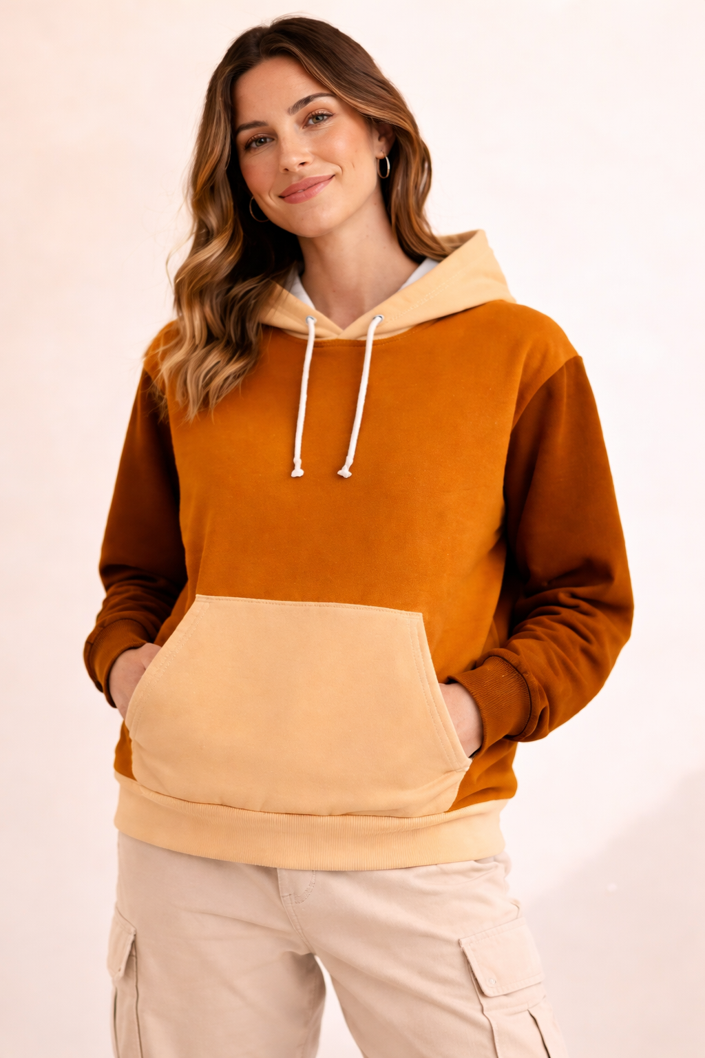 Two-tone brown and beige unisex pullover hoodie with kangaroo pocket worn by female model, minimalist streetwear fashion hoodie, casual everyday outfit
