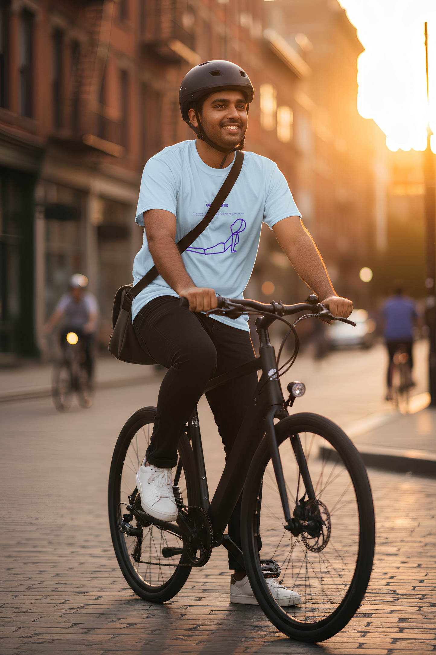 Man riding bicycle wearing light blue Cobra Pose T-shirt outdoors