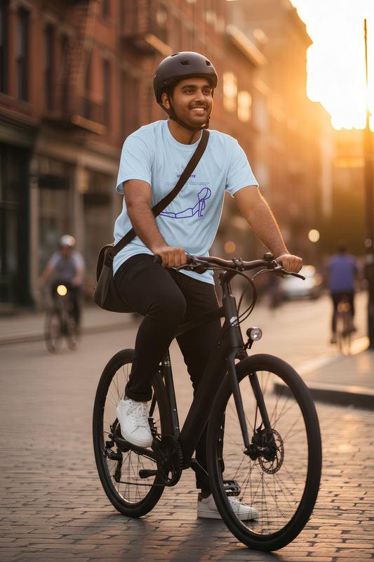 Man riding bicycle wearing light blue Cobra Pose T-shirt outdoors