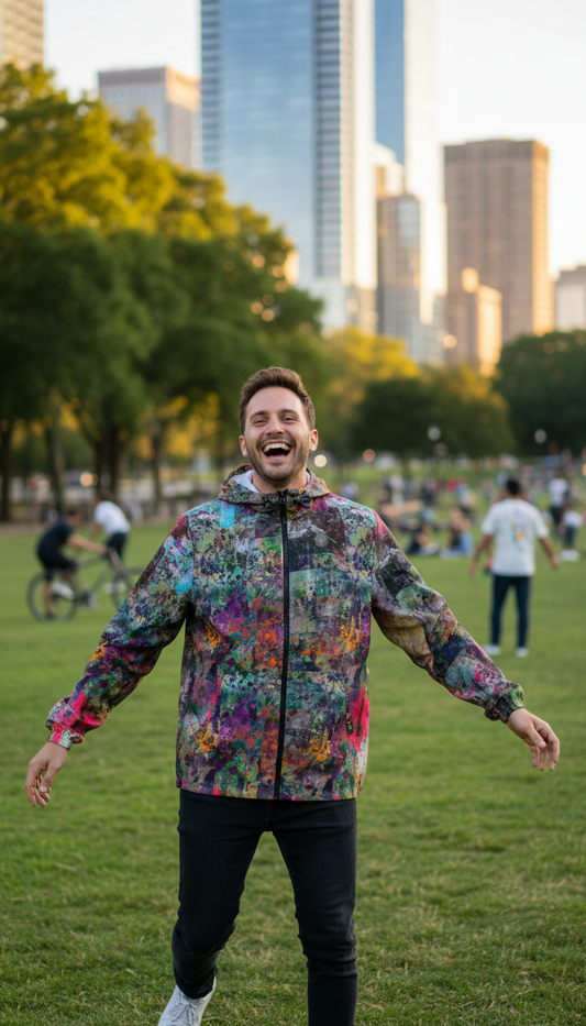 Person standing in a park wearing a multicolor abstract print windbreaker with a hood and full zip.