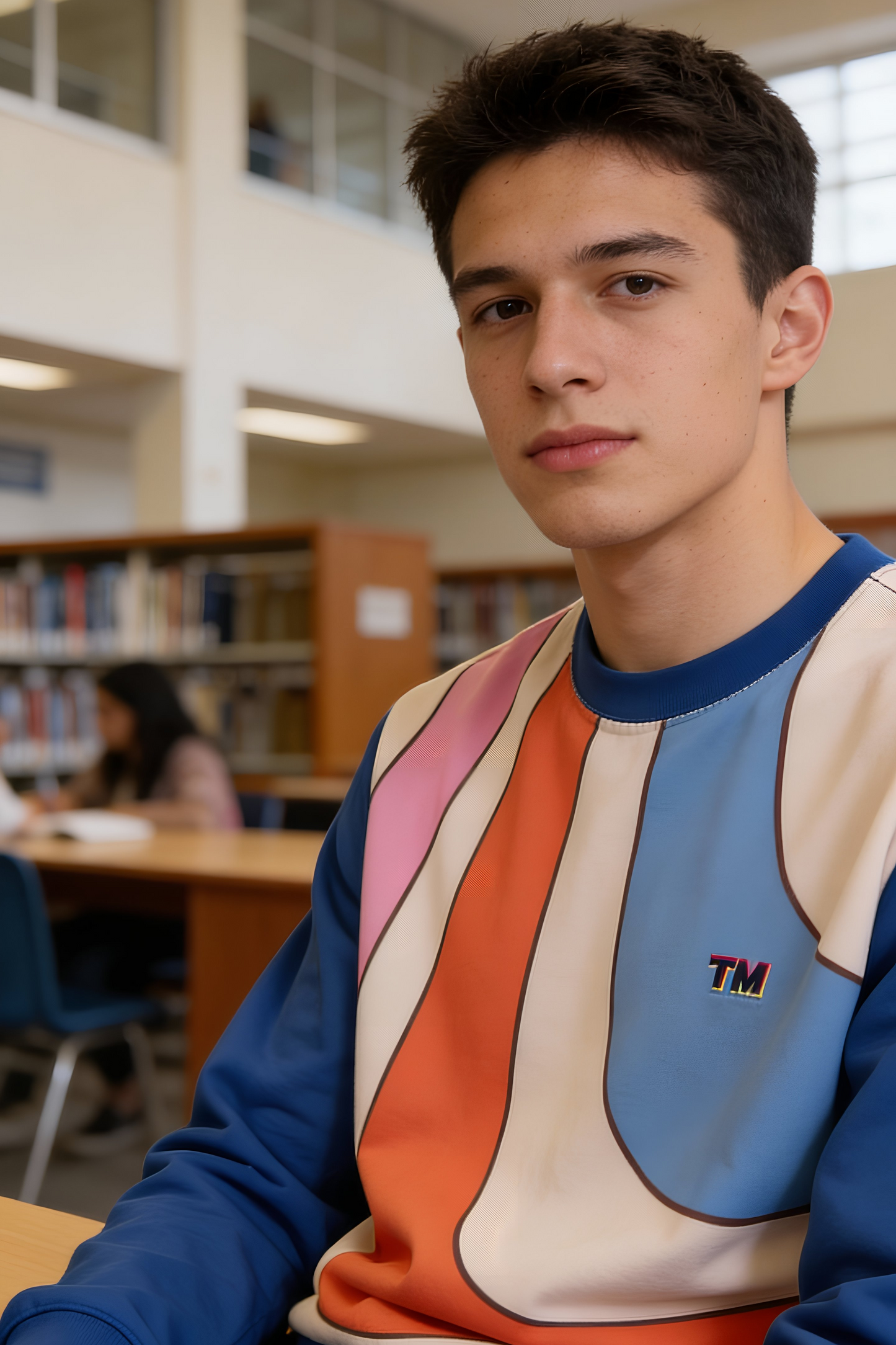 Colored Rays Unisex Sweatshirt worn by male model sitting in library