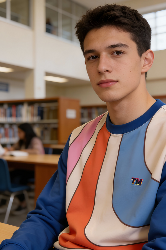 Colored Rays Unisex Sweatshirt worn by male model sitting in library