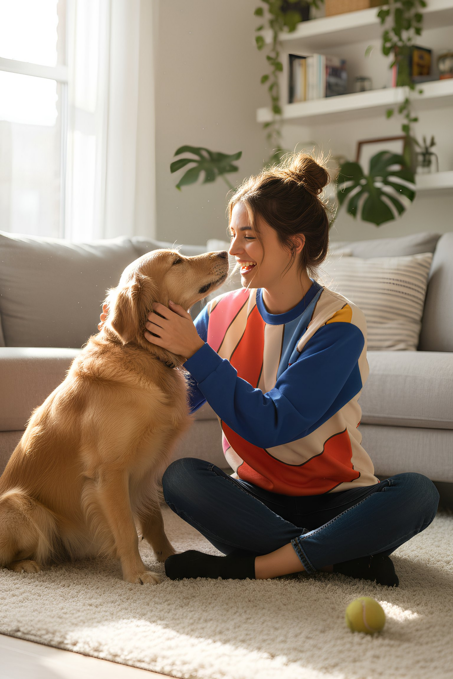 Colored Rays Unisex Sweatshirt worn by model relaxing with dog at home