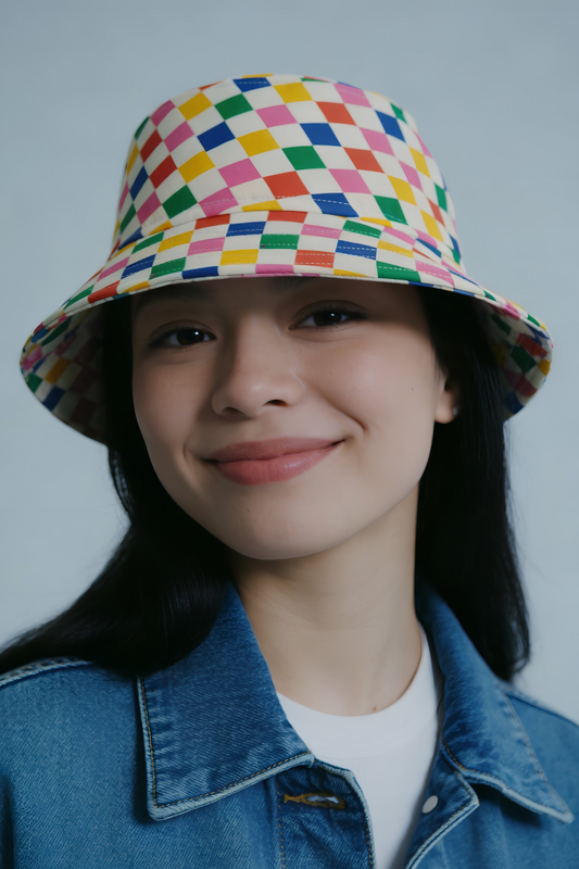 Woman wearing colorful squares bucket hat with denim jacket, front portrait