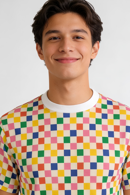 Man wearing colorful squares geometric pattern T shirt smiling, front portrait