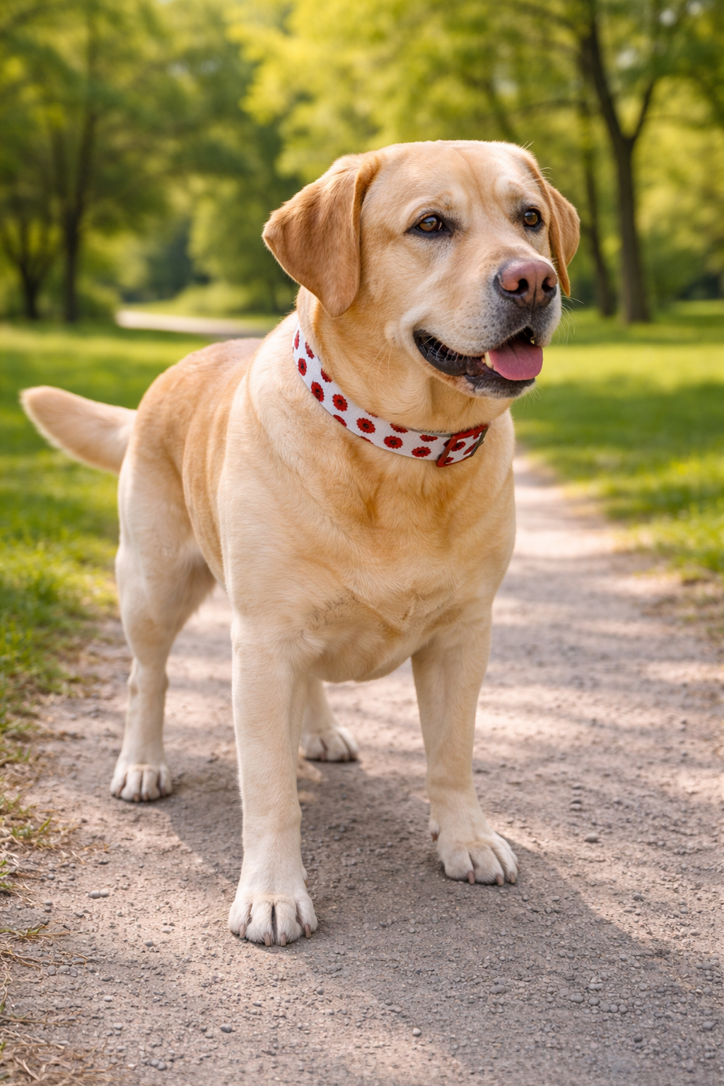 Dog standing on a path in a park with trees in the background