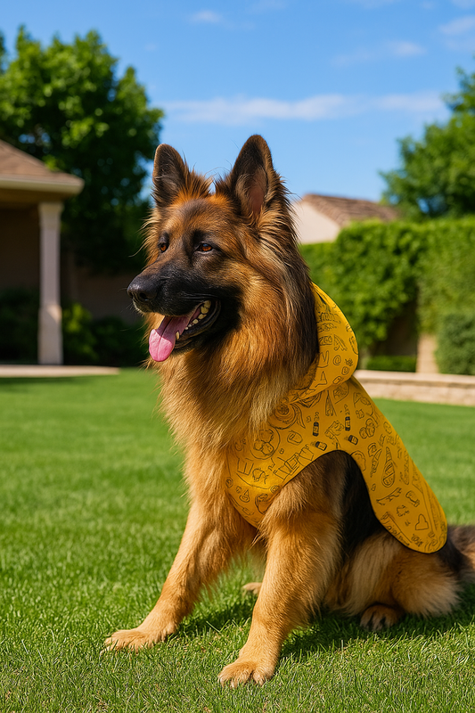 Dog wearing yellow doodle print pet hoodie sitting on grass outdoors