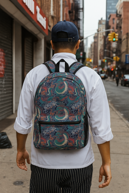 Man wearing dragon pattern backpack walking, lifestyle, street style, travel scene
