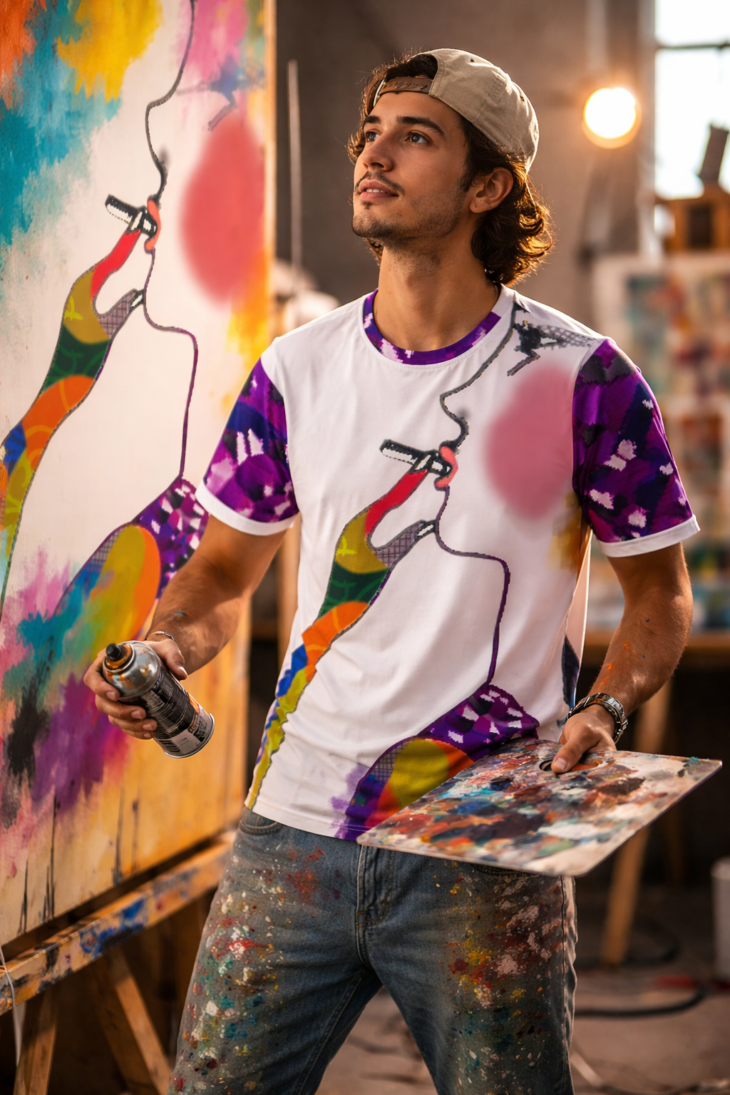 man wearing drizzy graphic t shirt painting colorful street art studio outfit